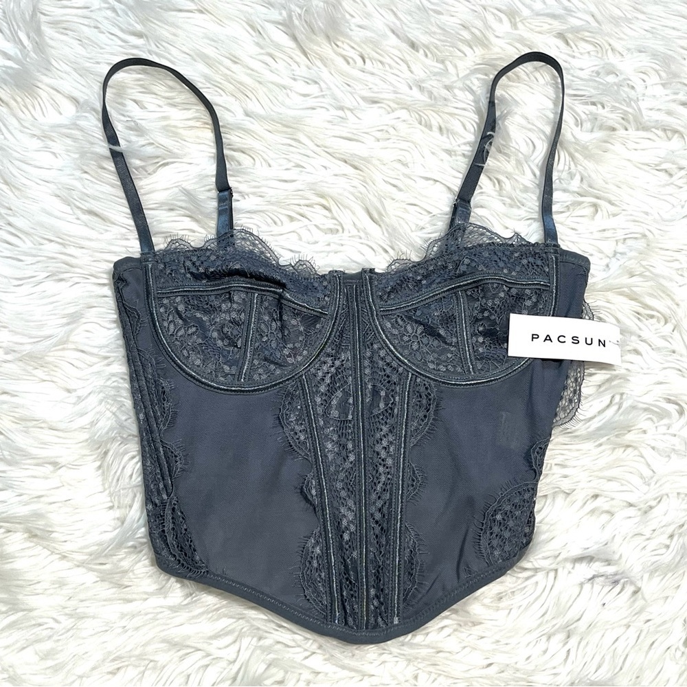 PacSun LA Hearts Lace Trim Mesh Corset Top Gray - Picture 3 of 10